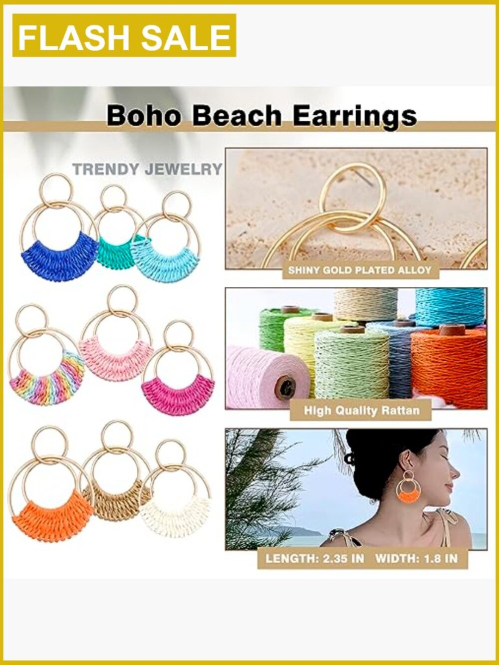 Boho Raffia Dangle Earrings Handmade Straw Wicker Lightweight Geometric Drop - Picture 6 of 7